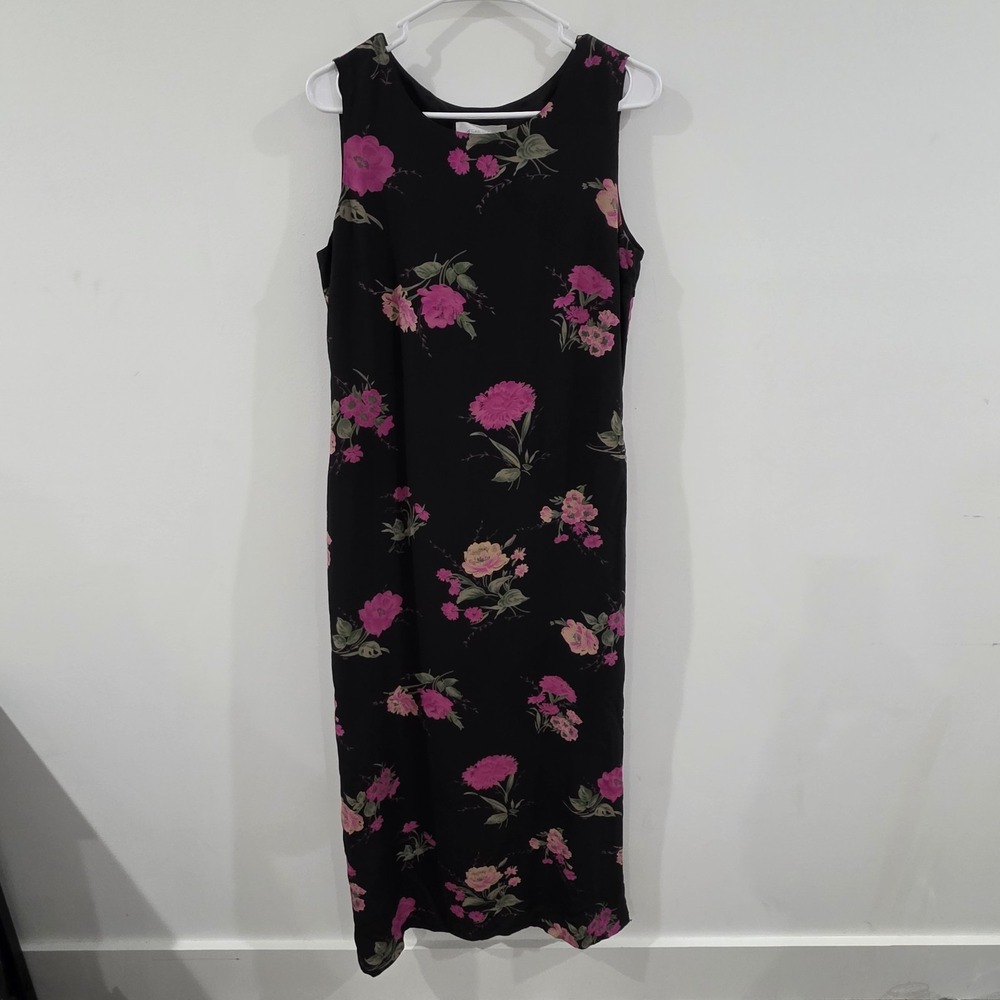 Womens Midi Silk Tank Dress Size 12‎ Floral Elegant Black Evening Career Work